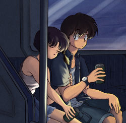 Rule 34 | 1boy, 1girl, absurdres, arm hug, bare shoulders, bench, black eyes, black hair, black shirt, black shorts, blue shorts, blush, bob cut, braid, can, closed eyes, commentary, couple, cutoffs, drink, frown, head on another&#039;s shoulder, highres, holding, holding can, holding drink, long hair, looking at another, luuxiriver, parted lips, ranma 1/2, saotome ranma, shirt, short hair with long locks, short sleeves, shorts, side-by-side, single braid, sitting, sleeping, symbol-only commentary, tank top, tendou akane, train interior, twilight, watch, white shirt, white tank top, wristwatch