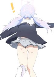 Rule 34 | !, 1girl, absurdres, ahoge, ass, ass focus, blue archive, from behind, grey skirt, halo, highres, leg up, long hair, long sleeves, low twintails, luke (dydansgur), multicolored clothes, multicolored hair, multicolored legwear, no panties, paw print, pink hair, pleated skirt, purple hair, reisa (blue archive), sailor collar, school uniform, serafuku, simple background, skirt, socks, solo, star (symbol), striped clothes, striped socks, twintails, underwear, white background, white sailor collar