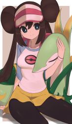 Rule 34 | 1girl, arm support, black pantyhose, border, bow, breasts, bright pupils, brown background, brown hair, closed mouth, creatures (company), double bun, eyelashes, game freak, gen 5 pokemon, hair bun, hand up, highres, long hair, looking at viewer, nintendo, nuneno, pantyhose, pantyhose under shorts, pink bow, pokemon, pokemon (creature), pokemon bw2, raglan sleeves, rosa (pokemon), serperior, short shorts, shorts, sitting, smile, twintails, visor cap, white border, white pupils, yellow shorts