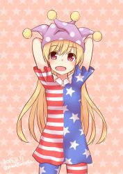 Rule 34 | 1girl, :d, american flag dress, american flag legwear, bad id, bad pixiv id, blonde hair, clownpiece, dated, hat, highres, jester cap, long hair, niwatori (shimatori042), open mouth, pantyhose, red eyes, smile, solo, star (symbol), starry background, striped clothes, striped pantyhose, touhou, twitter username