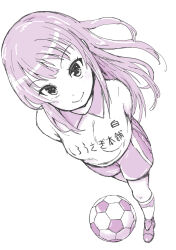 1girl absurdres arms_behind_back ball breasts collar collared_shirt commentary highres inazuma_eleven_(series) inazuma_eleven_ares_no_tenbin long_hair monochrome shiiba_aki shiratoya_nae shirt shorts simple_background small_breasts smile soccer_ball soccer_uniform solo sportswear translation_request white_background