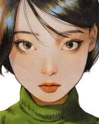Rule 34 | 1girl, black eyes, black hair, chom1015, closed mouth, commentary, eyelashes, green sweater, hair behind ear, highres, lipstick, looking at viewer, makeup, original, painting (medium), sanpaku, short hair, simple background, solo, straight-on, sweater, traditional media, turtleneck, turtleneck sweater, white background
