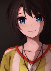 Rule 34 | 1girl, absurdres, bad id, bad pixiv id, black background, black hair, blouse, blue eyes, bob cut, closed mouth, collarbone, commentary, highres, hololive, jersey, jewelry, light blush, light smile, looking at viewer, necklace, oozora subaru, oozora subaru (1st costume), pendant, pugpuggy, shirt, short hair, smile, solo, striped clothes, striped shirt, upper body, vertical-striped clothes, vertical-striped shirt, virtual youtuber, white shirt, yellow shirt