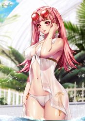 Rule 34 | 1girl, bikini, blunt bangs, blush, breasts, cleavage, closed mouth, dress swimsuit, esther shen, fire emblem, fire emblem: three houses, hilda valentine goneril, in water, large breasts, long hair, looking at viewer, navel, nintendo, partially immersed, partially submerged, pink eyes, pink hair, smile, solo, swimsuit, thick thighs, thighs, twintails, water, wet, white bikini