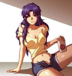 Rule 34 | 1girl, alcohol, bad id, bad pixiv id, beer, breasts, denim, denim shorts, katsuragi misato, long hair, messy hair, navel, neon genesis evangelion, purple eyes, purple hair, shanabi, short shorts, shorts, solo, strap slip, thighs