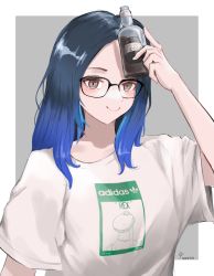 Rule 34 | 1girl, absurdres, adidas, animification, bad id, bad twitter id, black hair, blue hair, blush, bottle, brown eyes, forehead, glasses, gradient hair, highres, holding, holding bottle, kson, kson (person), looking at viewer, multicolored hair, outside border, parted hair, print shirt, real life, rex (toy story), shirt, simple background, smile, solo, t-shirt, toy story, virtual youtuber, vshojo, white background, white shirt, yo na