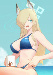 Rule 34 | 1girl, adjusting clothes, adjusting swimsuit, alternate costume, animal ear fluff, animal ears, asymmetrical bangs, bikini, blonde hair, blue archive, blue bikini, blue eyes, blue halo, breasts, cup, extra ears, hair over one eye, halo, highres, holding, holding cup, horizon, kanna (blue archive), kogetail, large breasts, long bangs, midriff, mug, navel, outdoors, paw print, sharp teeth, sky, solo, swimsuit, teeth, water