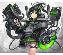 Rule 34 | 1girl, black hair, bracelet, cable, circular saw, coat, commentary request, facial mark, gia, green eyes, gun, headgear, headphones, highres, huge weapon, jewelry, looking at viewer, mecha musume, medium hair, original, ponytail, ruins, saw, science fiction, solo, tube, unmoving pattern, weapon, zipper pull tab