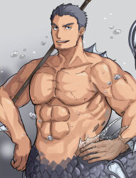 Rule 34 | 1boy, abs, bara, carrying over shoulder, completely nude, highres, holding, holding weapon, itaru (kidomh63), large pectorals, looking at viewer, male focus, mature male, merman, monster boy, muscular, muscular male, nether merman (housamo), nipples, nude, over shoulder, pectorals, polearm, short hair, sideburns, solo, stomach, thick eyebrows, tokyo houkago summoners, weapon, weapon over shoulder