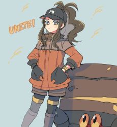 Rule 34 | 1girl, alternate costume, antenna hair, atsumi yoshioka, baseball cap, black headwear, boots, bracelet, bright pupils, brown hair, brown shorts, closed mouth, commentary request, creatures (company), crustle, eyelashes, game freak, gen 5 pokemon, grey background, hands in pockets, hat, high ponytail, hilda (pokemon), jacket, jewelry, long hair, looking at viewer, nintendo, pokemon, pokemon (creature), pokemon bw, shorts, sidelocks