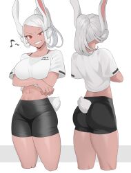 Rule 34 | 1girl, abs, absurdres, animal ears, ass, bike shorts, black shorts, boku no hero academia, bra strap, clothes writing, commentary, cropped legs, crossed arms, dark-skinned female, dark skin, from behind, grey background, grey hair, grin, high ponytail, highres, koyap, mirko, multiple views, musical note, nape, navel, rabbit ears, red eyes, shirt, short sleeves, shorts, simple background, smile, symbol-only commentary, thighs, white background, white shirt