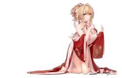 Rule 34 | 1girl, azur lane, bare shoulders, barefoot, blonde hair, blue eyes, breasts, chinese clothes, cleavage, cleavage cutout, clothing cutout, detached sleeves, dress, flower, glorious (azur lane), glorious (pungent plum) (azur lane), hair flower, hair ornament, hair stick, highres, kincora, kneeling, large breasts, looking at viewer, neck ribbon, official alternate costume, official art, red dress, ribbon, transparent background, wide sleeves