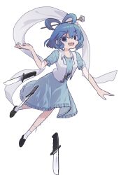 Rule 34 | 1girl, azurereindeer, belt, black belt, blue eyes, blue hair, breasts, collared vest, commentary, commentary request, english commentary, frilled sleeves, frills, full body, hagoromo, hair ornament, hair rings, hair stick, highres, kaku seiga, knife, korean commentary, looking at viewer, medium breasts, mixed-language commentary, open clothes, open mouth, open vest, shawl, short sleeves, simple background, smile, socks, solo, teeth, touhou, upper teeth only, v-shaped eyebrows, vest, white background, white socks, white vest