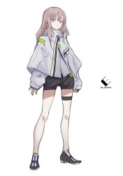 Rule 34 | 1girl, absurdres, bad id, bad pixiv id, black shorts, brown eyes, brown hair, cancell, cloak, highres, jacket, legs apart, looking at viewer, original, science fiction, shorts, solo, standing, thigh strap, white background