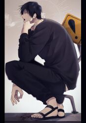 Rule 34 | 1boy, absurdres, black eyes, black hair, black pants, black sweater, brown background, cigarette, fushiguro touji, gradient background, highres, holding, holding cigarette, jujutsu kaisen, long sleeves, male focus, open mouth, pants, sandals, sign, solo, squatting, sweater, teeth, tongue, tune oekk, warning sign, yawning