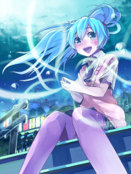 Rule 34 | 1girl, aqua eyes, aqua hair, bad id, bad pixiv id, blush, cityscape, floating hair, hatsune miku, open mouth, sitting, sitting on stairs, solo, stairs, sweater vest, thighhighs, umeboshitora, vocaloid