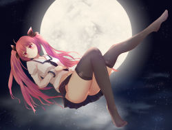 Rule 34 | 10s, 1girl, ahoge, ass, bad id, bad pixiv id, black necktie, black thighhighs, blouse, blue skirt, blush, closed mouth, date a live, floating, floating hair, full body, full moon, hair ornament, highres, itsuka kotori, leg up, long hair, long sleeves, miniskirt, moon, navel, necktie, night, night sky, no shoes, outdoors, panties, pantyshot, pleated skirt, red eyes, red hair, school uniform, serafuku, shirt, skirt, sky, smile, solo, stomach, striped clothes, striped panties, thighhighs, twintails, underwear, very long hair, white shirt, wujia xiaozi