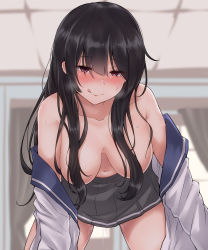 Rule 34 | 1girl, absurdres, black hair, blush, breasts, breasts out, closed mouth, collarbone, convenient censoring, curtains, grey skirt, hair censor, hanging breasts, highres, indoors, isokaze (kancolle), kantai collection, kiritto, leaning forward, licking lips, long hair, looking at viewer, looking down, medium breasts, navel, nose blush, open clothes, open shirt, pleated skirt, red eyes, sailor collar, school uniform, serafuku, shirt, sidelocks, skirt, smile, solo, striped clothes, striped skirt, sweat, tongue, tongue out, topless, very long hair