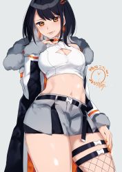 Rule 34 | 1girl, bare shoulders, belt, black hair, black jacket, breasts, cleavage, cleavage cutout, clothing cutout, colored inner hair, cowboy shot, crop top, earrings, fishnet thighhighs, fishnets, fur trim, grey shorts, hair ornament, hairclip, highres, indie virtual youtuber, jacket, jewelry, long sleeves, looking at viewer, medium breasts, medium hair, midriff, multicolored hair, navel, open clothes, open jacket, open mouth, orange eyes, shirasu (mashiro (rikuya)), shirasu uni, shirt, short shorts, shorts, sidelocks, single thighhigh, sleeveless, sleeveless shirt, sleeveless turtleneck, smile, solo, standing, stomach, thigh strap, thighhighs, thighs, turtleneck, virtual youtuber, white shirt