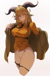 Rule 34 | 1girl, absurdres, animal ears, annoyed, arknights, black necktie, black panties, blonde hair, blush, bottomless, breasts, bright pupils, brown jacket, censored, chest strap, closed mouth, collared shirt, commentary, cowboy shot, cropped legs, crotch, degenbrecher (arknights), dress shirt, embarrassed, face in shadow, frown, goat ears, goat horns, groin, hair between eyes, hands up, head tilt, highres, horns, jacket, kiso (wjnomcuzqmdjcql), large breasts, long hair, long sleeves, looking at viewer, mosaic censoring, necktie, orange shirt, panties, panty pull, removing jacket, shirt, shoulder strap, sidelocks, simple background, solo, thighs, underbust, underwear, undressing, white background, white pupils, yellow eyes
