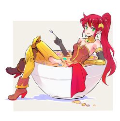 Rule 34 | 1girl, armlet, armor, black gloves, boots, breastplate, cereal, corset, elbow gloves, forehead protector, gloves, gorget, greaves, green eyes, high heel boots, high heels, highres, iesupa, leg armor, long hair, ponytail, pyrrha nikos, red hair, rwby, sarong, solo, vambraces, white background