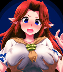 Rule 34 | 1girl, blue eyes, blush, breasts, covered erect nipples, cremia, grabbing, grabbing another&#039;s breast, highres, large breasts, long hair, nintendo, open mouth, pointy ears, red hair, simple background, solo focus, the legend of zelda, the legend of zelda: majora&#039;s mask, upper body, watarui