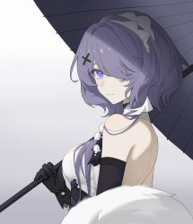 Rule 34 | 1girl, arknights, back, backless dress, backless outfit, black handwear, breasts, closed mouth, commentary request, detached collar, dress, elbow gloves, eyepatch, gloves, gradient background, hair ornament, hair over one eye, hairclip, headband, highres, holding, holding umbrella, looking at viewer, off-shoulder dress, off shoulder, pingdiguo, purple eyes, purple hair, short hair, simple background, solo, umbrella, upper body, whisperain (arknights), white background, white dress