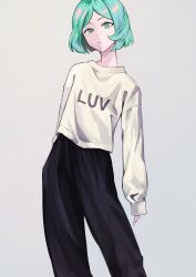 Rule 34 | 1other, alternate hairstyle, androgynous, aqua hair, black pants, bob cut, casual, clothes writing, contemporary, contrapposto, feet out of frame, frown, green eyes, green hair, grey background, highres, houseki no kuni, long sleeves, looking at viewer, other focus, pants, parted bangs, phosphophyllite, piyo3pr, short hair, simple background, sleeves past wrists, solo, standing, sweater, white sweater
