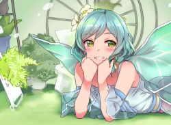 Rule 34 | 1girl, aqua hair, bang dream!, blush, braid, clenched hands, commentary request, detached sleeves, dress, duke (inu daimyou), fairy wings, flower, green eyes, grin, hair flower, hair ornament, head rest, hikawa hina, lying, on stomach, photo-referenced, plant, potted plant, short hair, side braids, smile, solo, white flower, wings