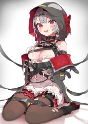 Rule 34 | 1girl, absurdres, animal hood, arms behind back, bare shoulders, belt, black belt, black hair, black thighhighs, bound, breasts, breasts out, chest belt, choker, cleavage, coat, dress, frilled dress, frills, grey hair, hair ornament, hairclip, heart pendant, highres, hololive, hood, large breasts, looking at viewer, multicolored hair, multiple belts, open clothes, open coat, open mouth, orca hood, pomesaurus, red eyes, ribbon, sakamata chloe, simple background, smile, solo, streaked hair, thighhighs, virtual youtuber, x hair ornament