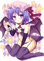 Rule 34 | 1girl, alternate costume, argyle, argyle background, argyle clothes, bare shoulders, bat wings, bekotarou, black thighhighs, blue hair, blush, chain, chained, cuffs, garter straps, gauntlets, hat, highres, looking at viewer, midriff, purple eyes, remilia scarlet, shackles, sitting, solo, star (symbol), thighhighs, touhou, wariza, wings