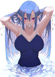 Rule 34 | 1girl, absurdres, armpits, arms up, bare arms, bare shoulders, blue one-piece swimsuit, blush, breasts, cleavage, closed mouth, colored eyelashes, covered navel, elf, hair lift, highres, kesuno, large breasts, long hair, looking at viewer, one-piece swimsuit, original, partially submerged, pink eyes, pointy ears, sidelocks, simple background, smile, solo, straight hair, swimsuit, upper body, very long hair, water, white background