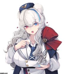 Rule 34 | 1girl, animal ears, arknights, artist name, bad id, bad pixiv id, bear ears, bear girl, blue eyes, blue hat, blue nails, blue neckwear, breast hold, breasts, collar, collared shirt, commentary request, ddangbi, eyelashes, hat, heart, heterochromia, huge breasts, jacket, long hair, long sleeves, looking at viewer, multicolored hair, nail polish, red eyes, red ribbon, ribbon, rosa (arknights), shirt, solo, streaked hair, ursus empire logo, white background, white collar, white jacket