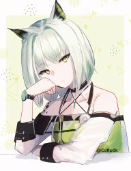 Rule 34 | :|, absurdres, animal ears, arknights, cat ears, cdrp0k, closed mouth, collarbone, detached sleeves, elbows on table, green eyes, hand on own face, highres, kal&#039;tsit (arknights), material growth, oripathy lesion (arknights), simple background, stethoscope, tank top, triangle print, upper body, watch, white hair, wristwatch