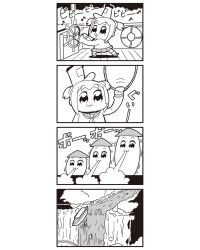 Rule 34 | 10s, 1girl, 4koma, :3, bkub, boat, comic, disney, falling, female focus, greyscale, hat, highres, meme, monochrome, musical note, open mouth, parody, poptepipic, popuko, quaver, rainbow, school uniform, serafuku, ship&#039;s wheel, sidelocks, simple background, skirt, solo, steamboat willie, steering wheel, two side up, uniform, upper body, water, watercraft, waterfall, whistling, white background