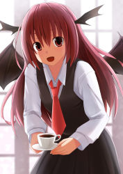 Rule 34 | 1girl, :d, backlighting, bat wings, blush, collared shirt, commentary request, cup, dress shirt, hasu (lausdys), head wings, highres, holding, koakuma, leaning forward, long hair, long sleeves, looking at viewer, necktie, open mouth, red eyes, red hair, red necktie, saucer, shirt, skirt, skirt set, smile, solo, teacup, touhou, vest, white shirt, window, wings