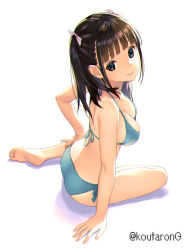 Rule 34 | 1girl, ass, bare arms, bare legs, bare shoulders, barefoot, bikini, black hair, blue bikini, blue ribbon, blunt bangs, breasts, cleavage, closed mouth, commentary request, feet, from above, full body, green eyes, hair ribbon, halterneck, koutaro, long hair, looking at viewer, looking up, medium breasts, original, ribbon, side-tie bikini bottom, simple background, sitting, smile, soles, solo, string bikini, swimsuit, toes, twitter username, two side up, white background, white ribbon