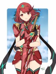 Rule 34 | 1girl, black gloves, blue sky, boots, border, closed mouth, cloud, cloudy sky, fingerless gloves, gloves, hair between eyes, holding, holding sword, holding weapon, looking at viewer, pyra (xenoblade), red eyes, red footwear, red hair, red shorts, short hair, short shorts, short sleeves, shorts, sky, smile, solo, sword, thigh boots, thighhighs, tiara, weapon, xenoblade chronicles (series), xenoblade chronicles 2, yamamori kinako
