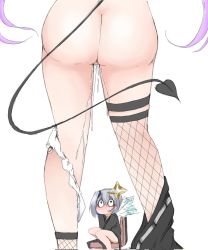 Rule 34 | 2girls, amane kanata, angel wings, artist request, ass, bottomless, demon tail, halo, highres, hololive, multicolored hair, multiple girls, panties around leg, pussy juice, silver hair, streaked hair, tail, tokoyami towa, virtual youtuber, white background, wings