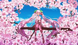Rule 34 | 1girl, bare shoulders, blue sky, boots, branch, cherry, cherry blossoms, cherry hair ornament, commentary, dappled sunlight, day, detached sleeves, floral background, flower, food, food-themed hair ornament, fruit, hair ornament, hatsune miku, heart, highres, holding, holding branch, in tree, leaf, light smile, long hair, looking at viewer, macha 3939, miniskirt, necktie, outdoors, pink eyes, pink flower, pink hair, pink necktie, pink skirt, pink sleeves, pink theme, pink thighhighs, pleated skirt, sakura miku, shirt, sitting, sitting in tree, sitting on branch, skirt, sky, sleeveless, sleeveless shirt, solo, sunlight, thigh boots, thighhighs, tree, twintails, very long hair, vocaloid, white shirt, wide shot