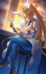 Rule 34 | 1girl, ahoge, animal ears, artoria pendragon (all), artoria pendragon (fate), artoria pendragon (swimsuit ruler) (fate), bare shoulders, blonde hair, blue necktie, blue pantyhose, blush, braid, breasts, cero320, cleavage, clothing cutout, cocktail glass, cup, detached collar, drinking glass, fake animal ears, fate/grand order, fate (series), feather boa, fishnet pantyhose, fishnets, french braid, green eyes, hair between eyes, highleg, highleg leotard, highres, large breasts, leotard, long hair, looking at viewer, navel cutout, necktie, pantyhose, playboy bunny, ponytail, rabbit ears, revision, sidelocks, sitting, smile, solo, thighs, tiara, white leotard, wrist cuffs