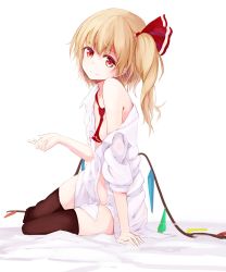 Rule 34 | 1girl, black thighhighs, blonde hair, flandre scarlet, hair ribbon, looking at viewer, lumo 1121, naked shirt, necktie, off shoulder, red eyes, red necktie, red ribbon, ribbon, shirt, side ponytail, simple background, sitting, slit pupils, smile, solo, thighhighs, touhou, white background, white shirt, wings, yokozuwari