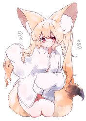 Rule 34 | 1girl, animal ears, blonde hair, blush, collared shirt, commentary request, cowboy shot, fox ears, fox girl, fox tail, furrowed brow, highres, large ears, long hair, long shirt, looking at viewer, megateru, naked shirt, notice lines, original, red eyes, shirt, simple background, sleeves past fingers, sleeves past wrists, tail, white background, white shirt