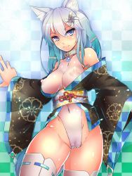 Rule 34 | 1girl, animal ears, bare shoulders, blue eyes, borrowed character, breasts, cameltoe, collar, covered erect nipples, covered navel, curvy, female focus, hair ornament, hairclip, japanese clothes, kageshio (276006), kimono, large breasts, long hair, looking at viewer, nipples, original, puffy nipples, pussy, see-through, silver hair, simple background, smile, solo, thick thighs, thighhighs, thighs, transparent, uncensored, wide hips