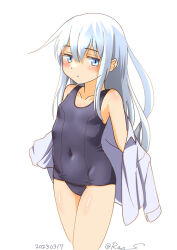 Rule 34 | 1girl, blue one-piece swimsuit, breasts, collared shirt, covered navel, dress shirt, grey eyes, hibiki (kancolle), kantai collection, long hair, looking at viewer, one-hour drawing challenge, one-piece swimsuit, open clothes, open shirt, ray.s, school uniform, shirt, simple background, small breasts, solo, swimsuit, undressing, white background, white hair, white shirt