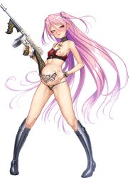 Rule 34 | 1girl, :3, alternate costume, bare legs, bare shoulders, boots, breasts, cleavage, collar, collarbone, corruption, demon girl, felicia (taimanin kurenai), female focus, fingernails, full body, highres, holding, holding weapon, lilith-soft, long hair, looking at viewer, micro panties, navel, nipples, official alternate costume, one breast out, panties, pantyhose, pink hair, pointy ears, pregnant, pubic tattoo, red eyes, shiny skin, small breasts, smile, standing, stomach bulge, taimanin (series), taimanin kurenai, taimanin rpgx, tattoo, thighs, thong, torn clothes, transparent background, two side up, underwear, very long hair, weapon, wide hips, zol