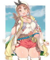Rule 34 | 1girl, absurdres, atelier (series), atelier ryza, belt, border, breasts, brown gloves, brown hair, cleavage, collarbone, cowboy shot, crop top, day, gloves, hair ornament, hat, highres, hip vent, hiroyama (hpzg5374), jewelry, looking at viewer, medium breasts, navel, necklace, open mouth, potion, reisalin stout, shorts, sidelocks, single glove, sky, smile, solo, teeth, test tube, thick thighs, thigh gap, thighhighs, thighs, tongue, upper teeth only, vest, white border, white thighhighs