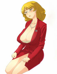 Rule 34 | 1girl, 96, blonde hair, blush, breasts, brown eyes, cleavage, collarbone, formal, front slit, glasses, jacket, jewelry, large breasts, legs together, long hair, looking at viewer, mature female, nannaru (nananana), necklace, pearl necklace, red jacket, red skirt, simple background, sitting, skirt, skirt suit, solo, suit, sweat, white background