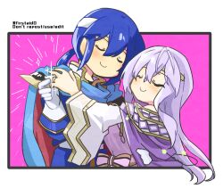 Rule 34 | 1boy, 1girl, blue cape, blue hair, brother and sister, cape, chibi, circlet, closed eyes, dancing, dress, fire emblem, fire emblem: genealogy of the holy war, headband, implied incest, jewelry, julia (fire emblem), nintendo, purple cape, purple hair, ring, seliph (fire emblem), siblings, simple background, white headband, wide sleeves, yukia (firstaid0)