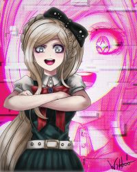 Rule 34 | 1girl, :d, absurdres, artist name, belt, black bow, blonde hair, bow, bowtie, braid, breasts, crossed arms, danganronpa (series), danganronpa 2: goodbye despair, dress, green dress, grey belt, hair bow, highres, large breasts, long hair, open mouth, puffy short sleeves, puffy sleeves, red bow, red bowtie, short sleeves, smile, solo, sonia nevermind, teeth, upper teeth only, wibboo, zoom layer